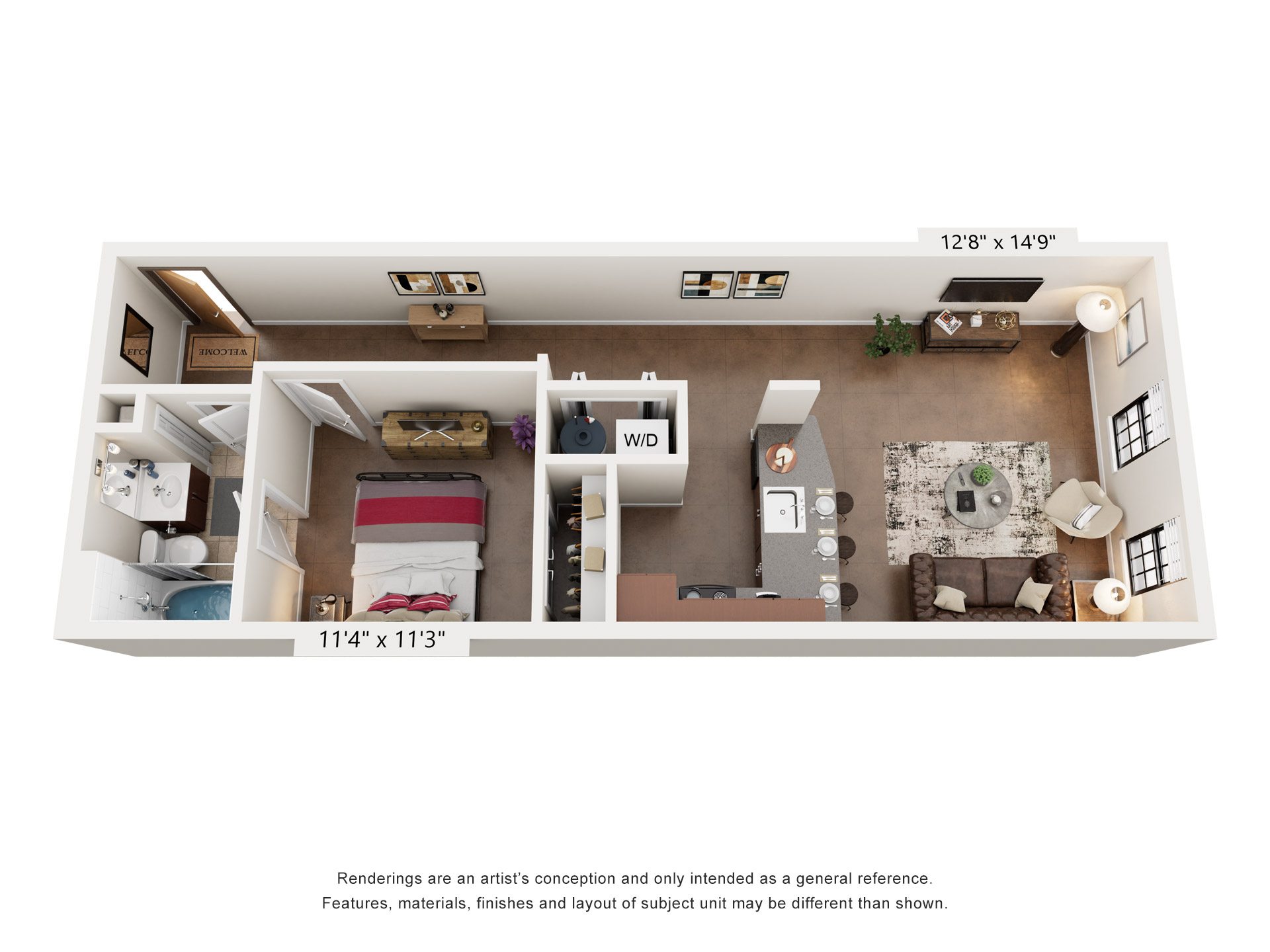 Floor plan for 1 bed, 1 bath, 665 sqft